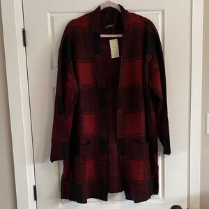 Red and Black soft long Plaid Open Cardigan with pockets NWT by IB Diffusion 3x